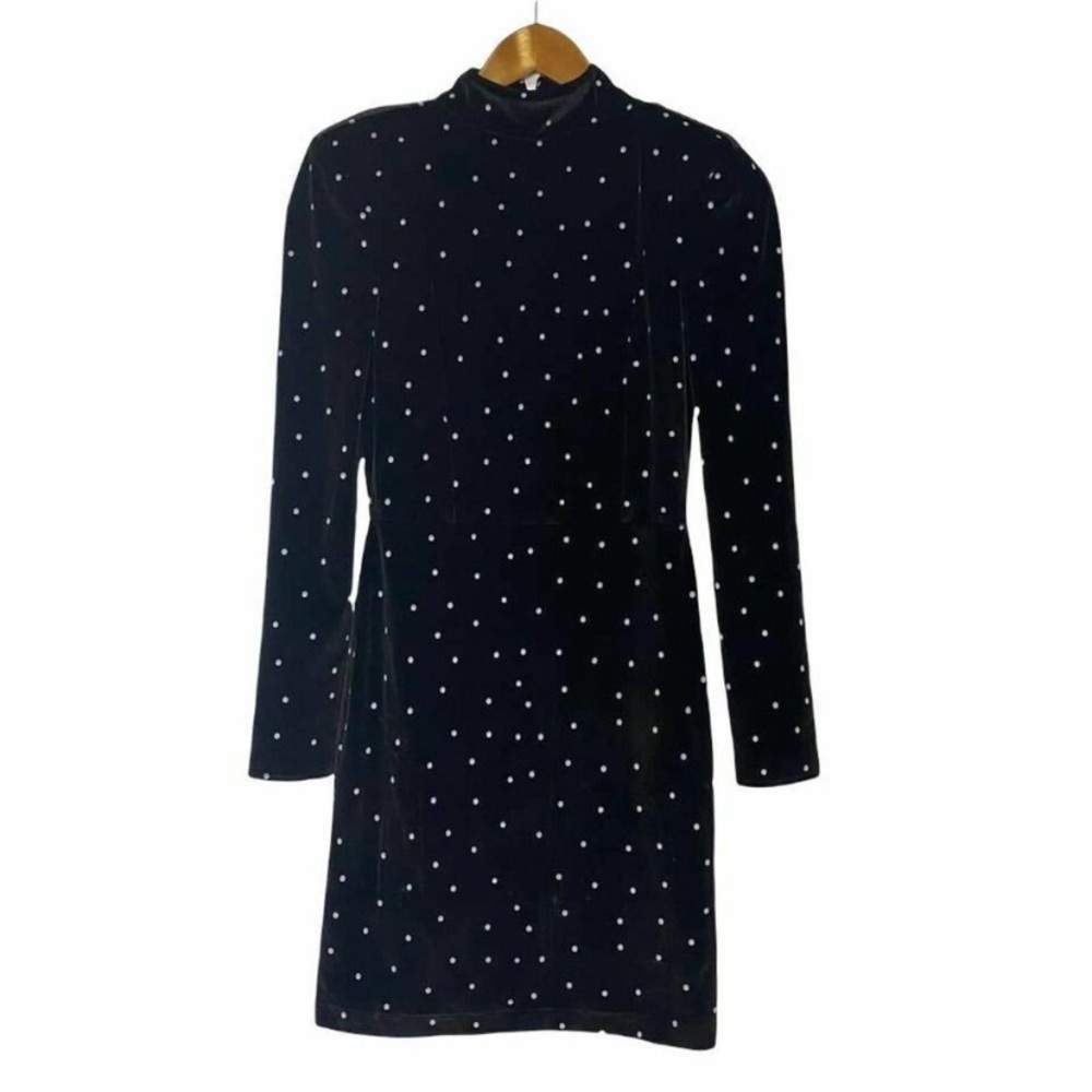 Free People Black Velvet Stretch Polka Dot Long Sleeve High Neck Dress Size XS